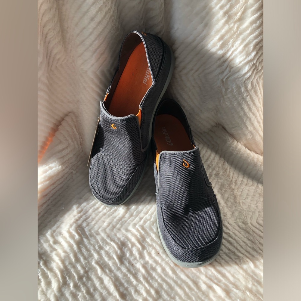 OluKai Men's Charcoal Slip-On Loafers with Orange Accents